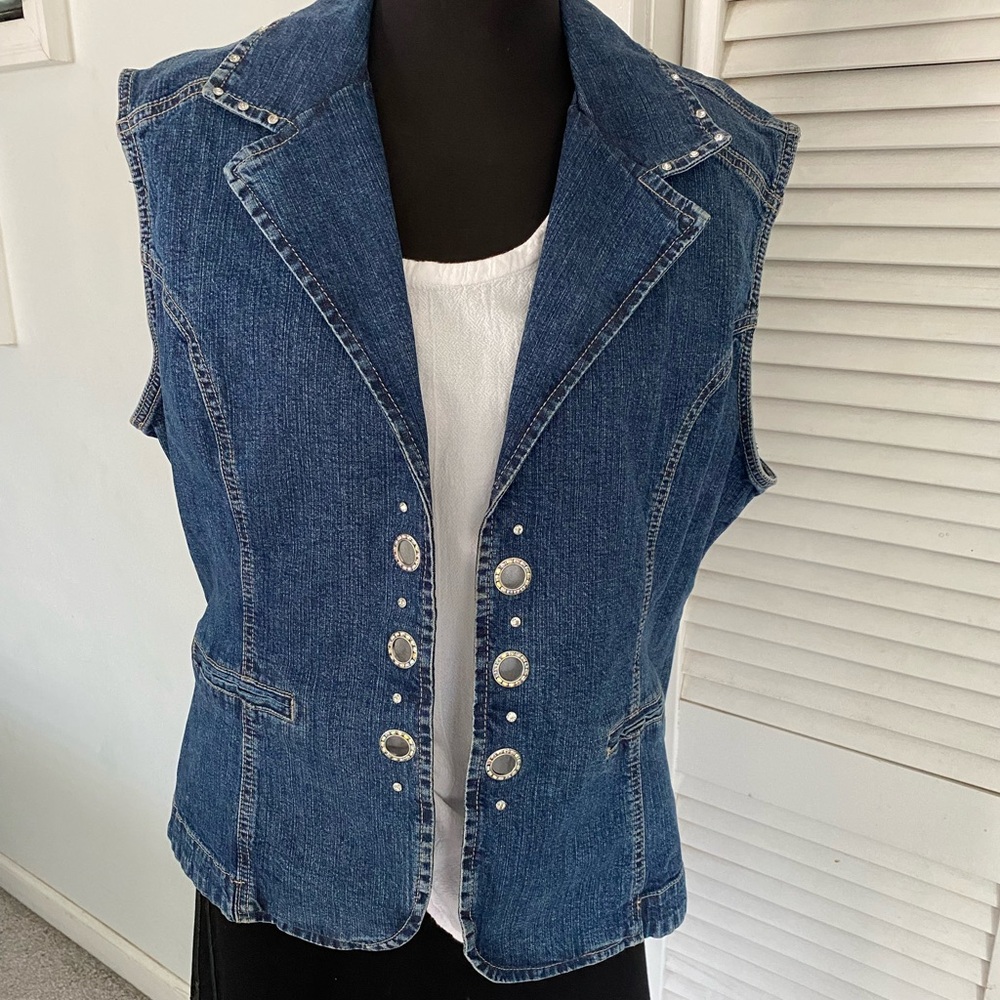 ETHYL VINTAGE DENIM Vest with Faux Jewels on Front, Collar & Back. Unique & Fun!